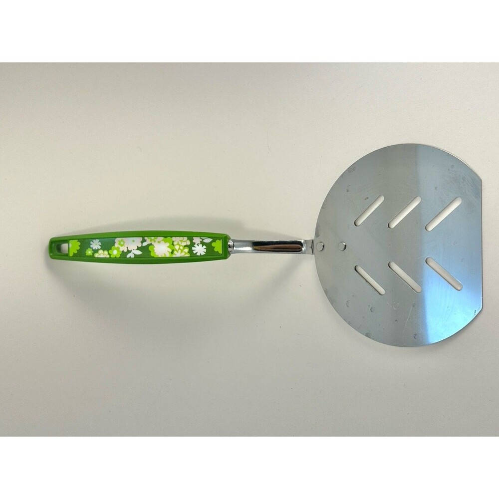Vintage Floral Slotted Spatula Green Handle Retro 70s Kitchen Utensil